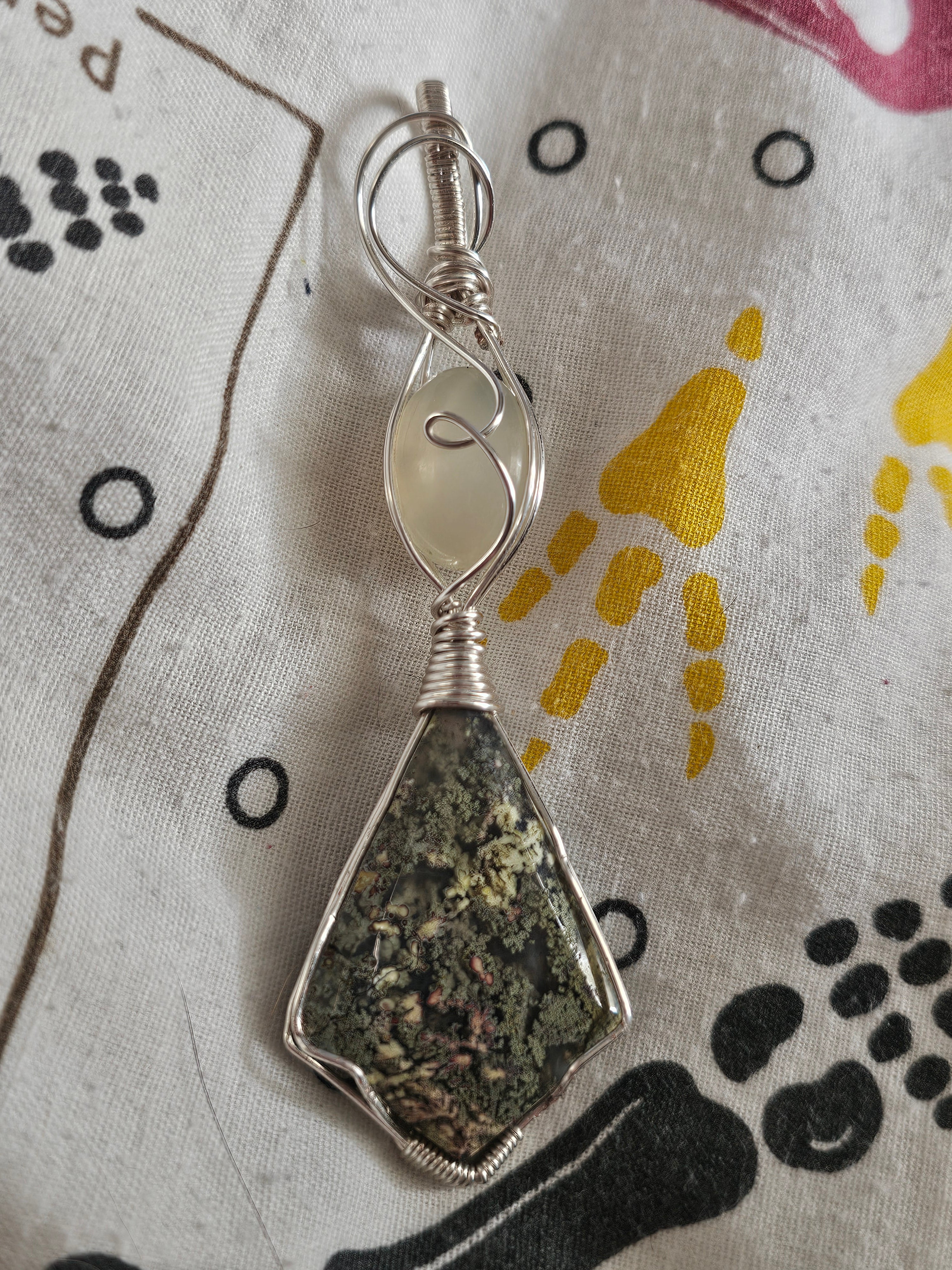 Lichen moss agate and moonstone pendant