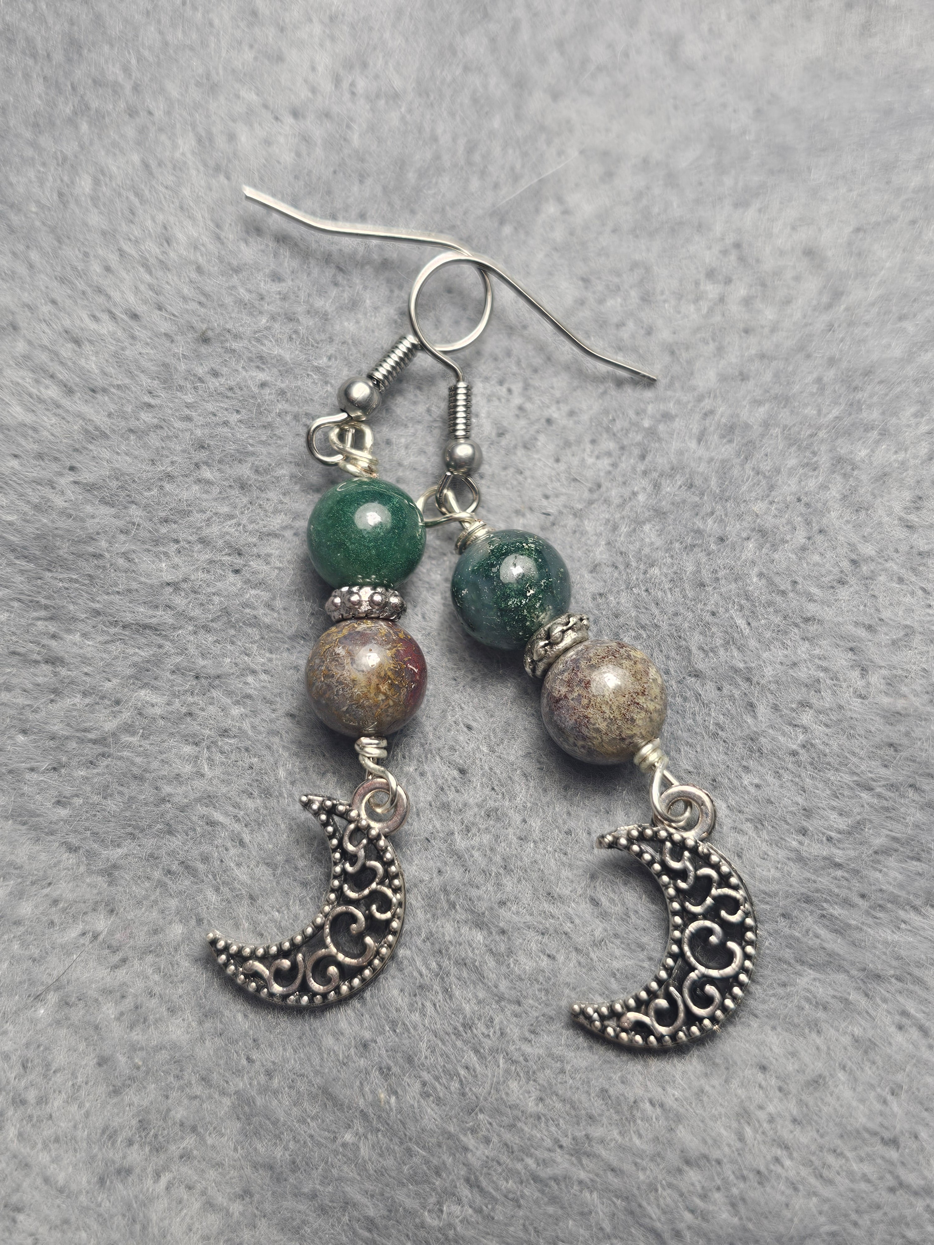 Moss agate moon earrings